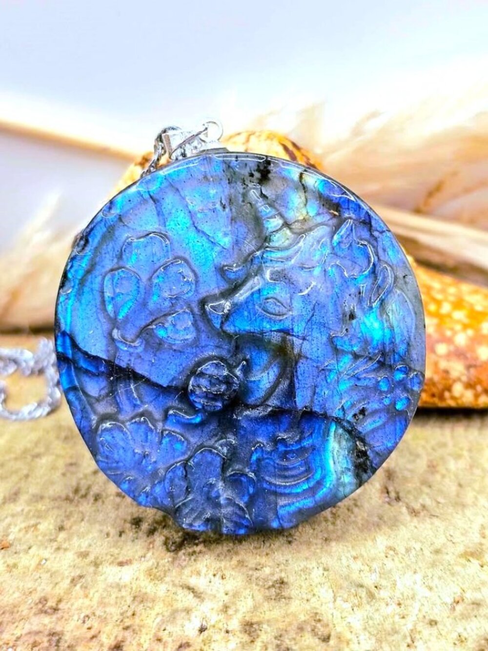 Natural Labradorite Unicorn Pendant • Strong Flash • Blossom Flower Carving
